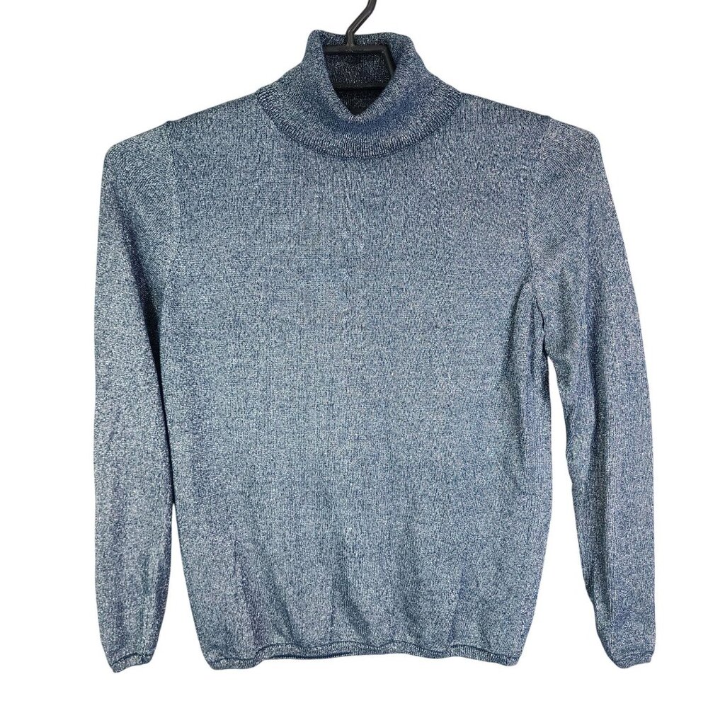Womens Ann Taylor Metallic Blue Turtleneck Sweater Long Sleeve Size L